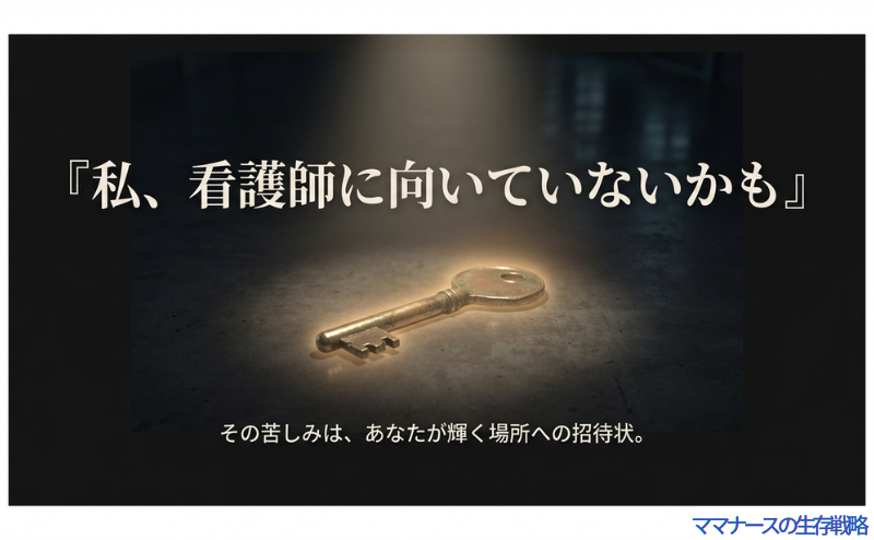 暗い背景に浮かぶ「私、看護師に向いていないかも」という文字と、その苦しみは輝く場所への招待状であるというメッセージ