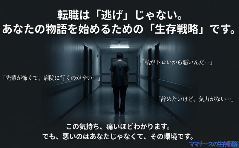 「転職は『逃げ』じゃない。あなたの物語を始めるための『生存戦略』です。」というメッセージと、悩める看護師の心の声を代弁するスライド画像