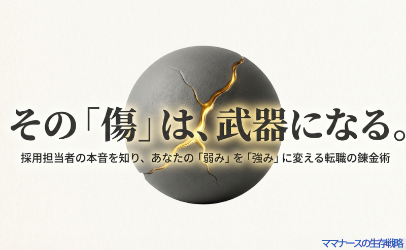 「その『傷』は、武器になる。採用担当者の本音を知り、あなたの『弱み』を『強み』に変える転職の錬金術」というキャッチコピーが書かれた、記事のメインビジュアルとなる表紙スライド 。