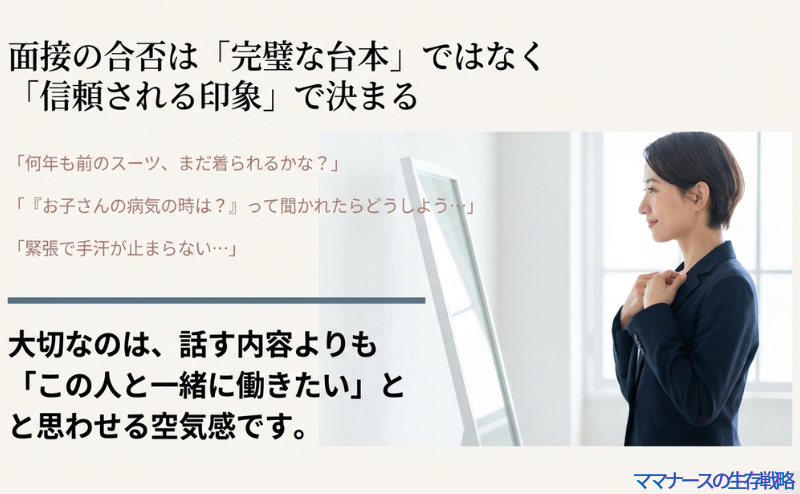 面接の合否は「完璧な台本」ではなく「信頼される印象」で決まることを示す比較イラスト