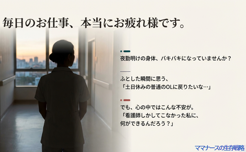 夜勤明けで疲れ切った看護師が土日休みのOLに戻りたいと悩んでいるイラスト