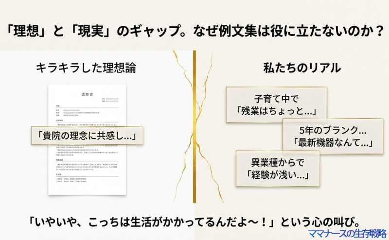 左側に「貴院の理念に共感し…」という綺麗な理想論、右側に「残業はちょっと」「5年のブランク」「経験が浅い」といった私たちのリアルな悩みが対比されている図解。
