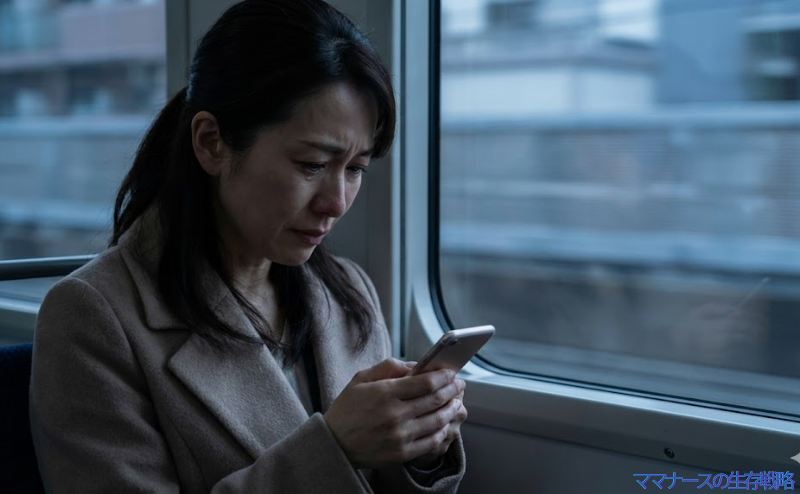 通勤中の電車内で仕事に行くのが辛く涙をこらえる限界状態の看護師