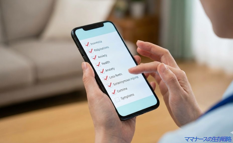 スマホで自身の心身の不調チェックリストを確認し、手が震えている看護師の手元
