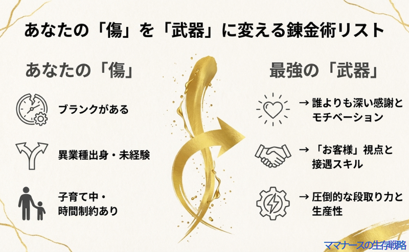 ブランク、異業種、子育て中といった「傷」が、深い感謝、お客様視点、段取り力という最強の「武器」に変換されることをまとめたリスト。