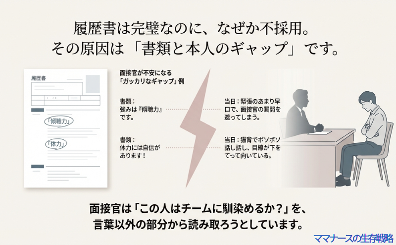 履歴書では「傾聴力」「体力」をアピールしているが、面接当日は早口や猫背でマイナス評価になってしまう失敗例のイラスト