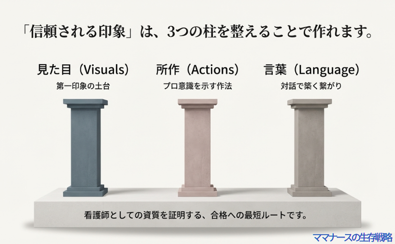 見た目（Visuals）、所作（Actions）、言葉（Language）の3つの要素が面接での信頼を作ることを示す図