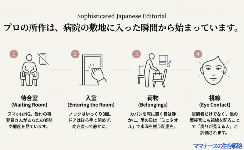スマホ禁止、ノック3回、荷物の置き方、視線配りなど、面接当日の具体的なマナーイラスト