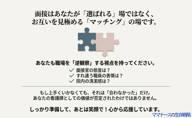 面接は企業が一方的に選ぶ場ではなく、お互いを見極めるパズルのようなマッチングの場であることを示す図