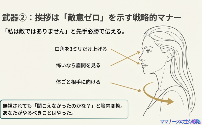 「挨拶は敵意ゼロを示す戦略的マナー」というタイトルと、「口角を3ミリ上げる」「眉間を見る」「体ごと向ける」などの具体的なアクションプランが箇条書きされたスライド。