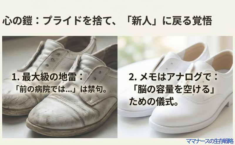 「心の鎧：プライドを捨て、新人に戻る覚悟」というタイトル。「前の病院ではは禁句」「メモはアナログで脳の容量を空ける」という2つのポイントが示されている。