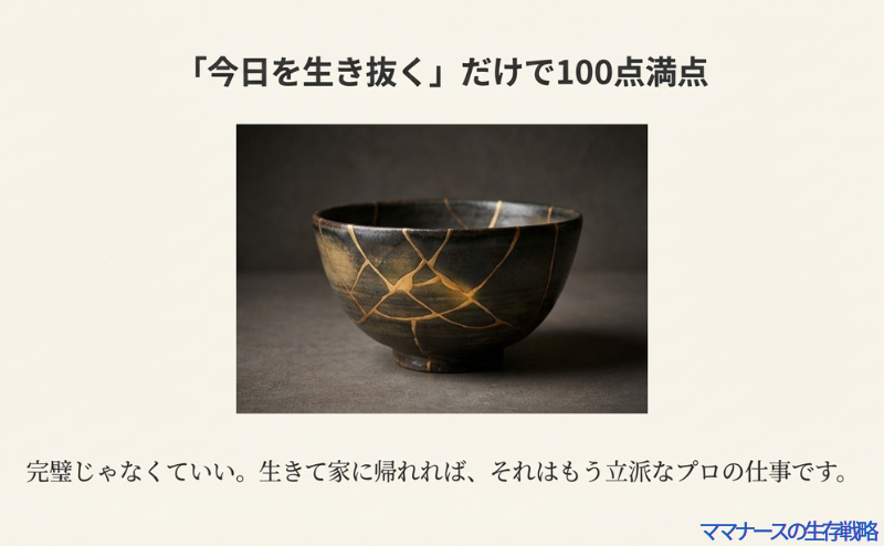 金継ぎされた器の写真。「今日を生き抜くだけで100点満点」「生きて家に帰れれば立派なプロの仕事」という励ましの言葉。