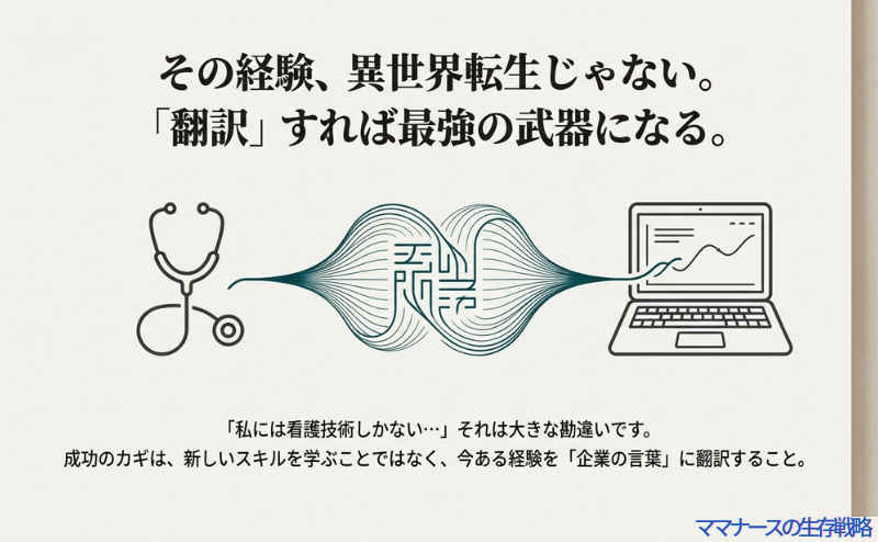 聴診器とパソコンを繋ぐイメージ図。看護師の臨床経験は異業種転職において最強の武器になるという解説
