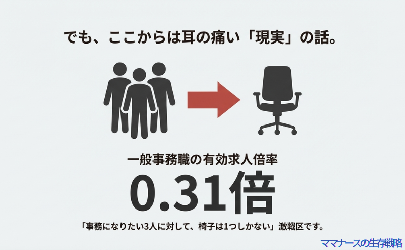 一般事務職の有効求人倍率が0.31倍であることを示すグラフ。3人に対して椅子が1つしかない激戦区であることを表現