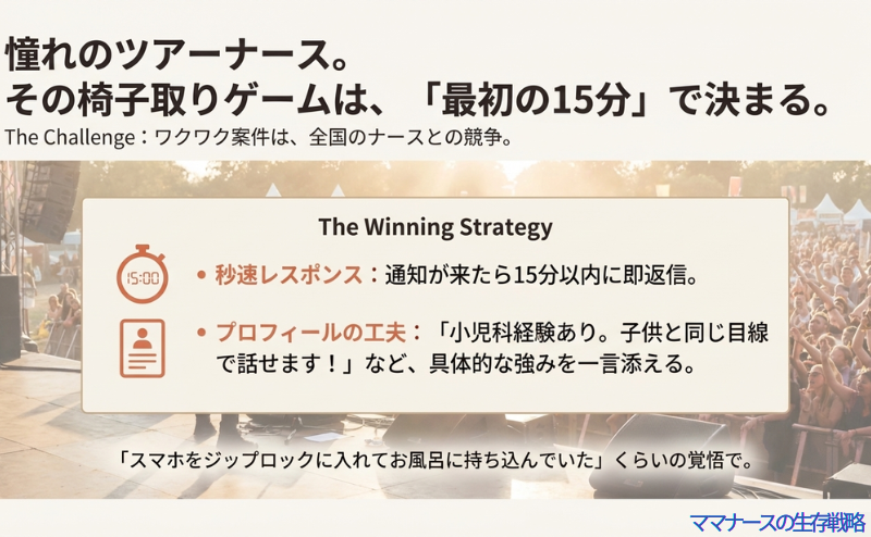 憧れのツアーナースの椅子取りゲームは最初の15分で決まる。通知から15分以内の即返信と、プロフィールの工夫が重要であることを説くスライド