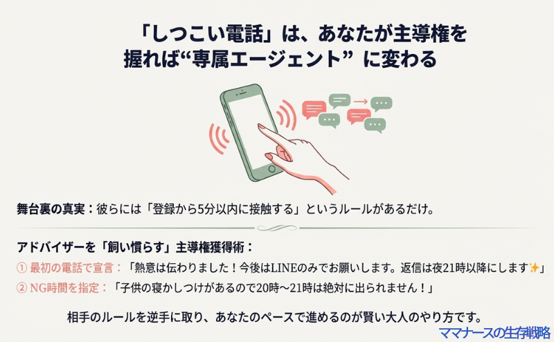 連絡手段をLINEに限定したりNG時間を指定したりすることで、電話対応を自分のペースに進める方法の図解