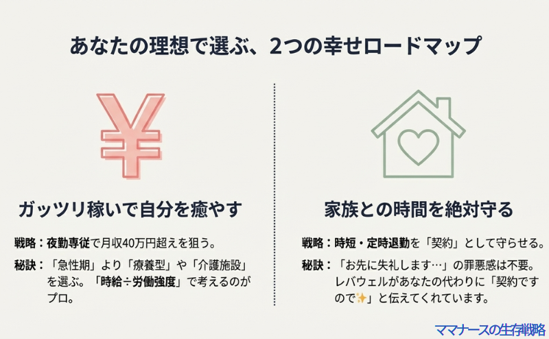 夜勤専従でガッツリ稼ぐ戦略と、時短・定時退勤で家族との時間を守る戦略の2つのモデルを紹介する比較画像