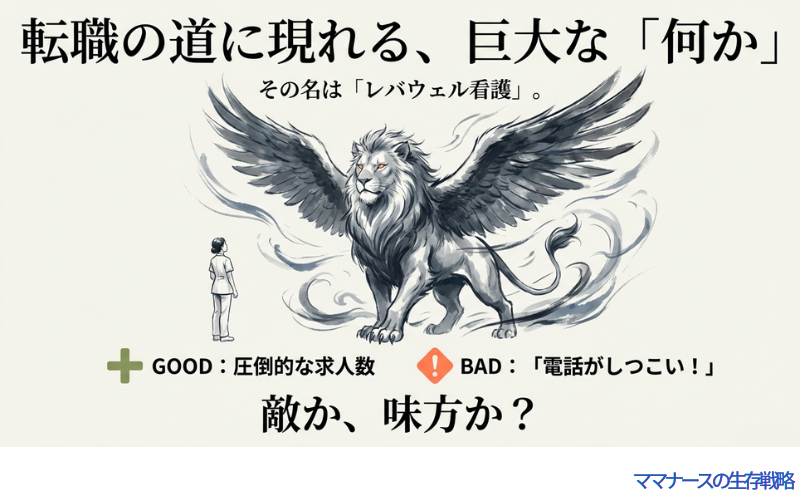 巨大な翼を持つライオンに例えたレバウェル看護のイラスト。圧倒的な求人数というメリットと電話のしつこさというデメリットを比較し、敵か味方かを問いかけるスライド