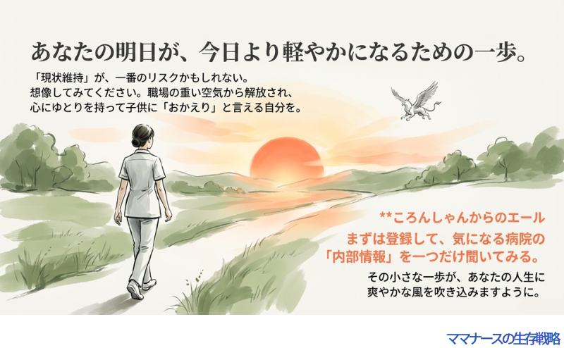 白いナース服を着て前を向いて歩く女性の後ろ姿。現状維持のリスクを指摘し、内部情報を聞くという小さな一歩が人生に風を吹き込むと伝える応援スライド