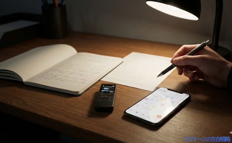 ICレコーダー、日記、スマホのカレンダーを使ってパワハラの証拠を記録しているデスクの様子