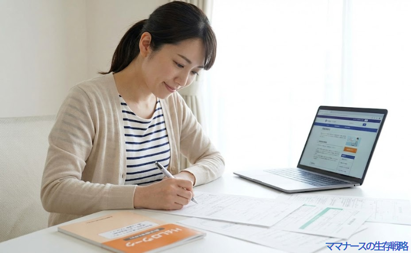 退職手続きや失業給付の書類に記入している、私服姿の女性看護師