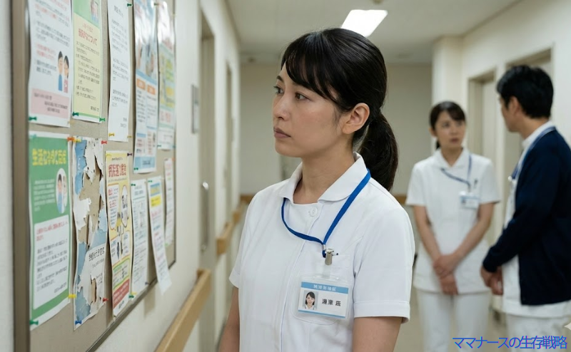 病院見学で掲示板やスタッフの様子を注意深く観察している女性看護師