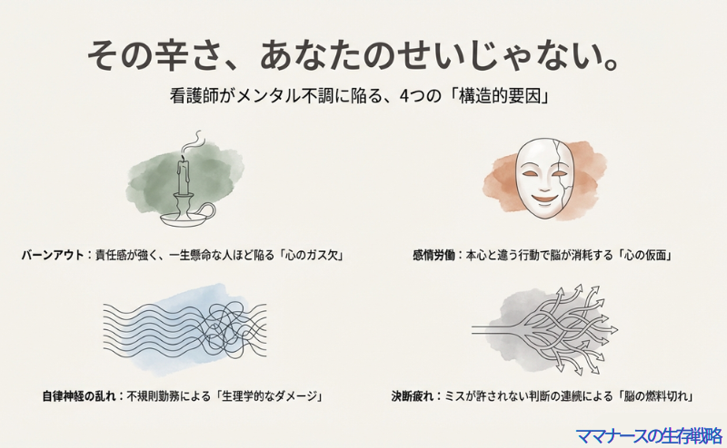 看護師のメンタル不調の原因を図解。バーンアウト、感情労働、自律神経の乱れ、決断疲れの4つの矢印が絡み合っているイラスト