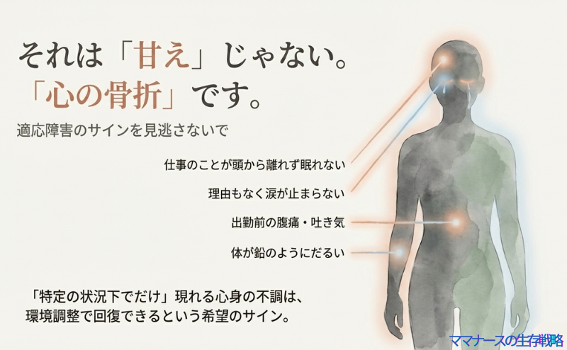 人体のシルエットに、頭痛、不眠、腹痛などの身体化症状が現れているイラスト。「特定の状況下での不調は回復のサイン」というメッセージ