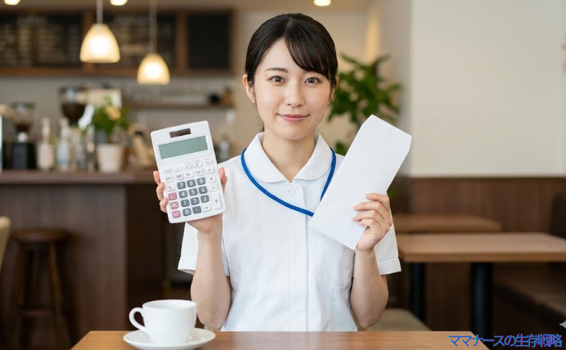 電卓と封筒を持ちボーナスと退職のタイミングを計算する日本人女性看護師