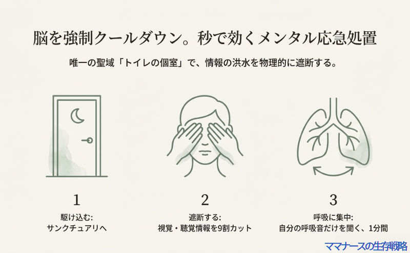 トイレの個室で耳と目を塞ぎ、深呼吸をする看護師のイラスト。視覚・聴覚情報を遮断して脳を休ませる手順図