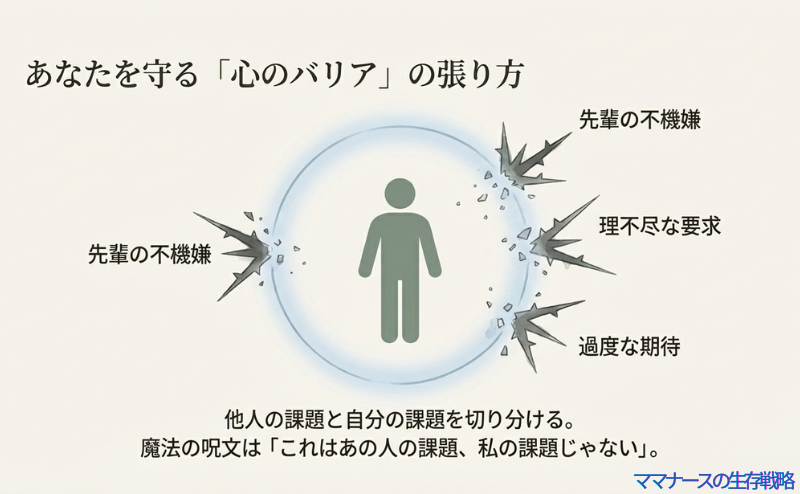 人の周りに透明なバリアが張られ、先輩の不機嫌や理不尽な要求を跳ね返しているイメージイラスト