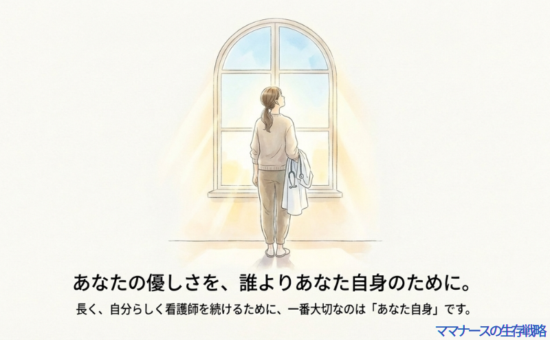 窓の外を見上げ、白衣を持って佇む看護師の後ろ姿。「あなたの優しさを、誰よりあなた自身のために」というメッセージ
