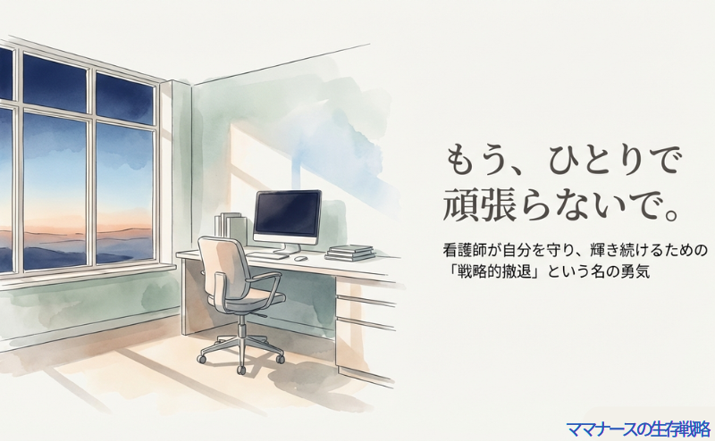 夕暮れの窓辺にあるデスクとパソコンのイラスト。「もう、ひとりで頑張らないで」というメッセージ