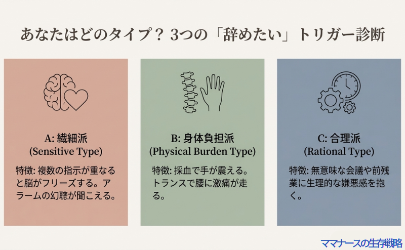 脳（繊細派）、背骨（身体負担派）、時計の歯車（合理派）のアイコン。看護師が辞めたいと感じる原因を3つのタイプに分類した図