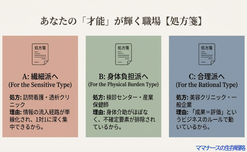 繊細派には訪問看護、身体負担派には検診センター、合理派には美容クリニックや一般企業を推奨する、タイプ別の適職マッチングリスト