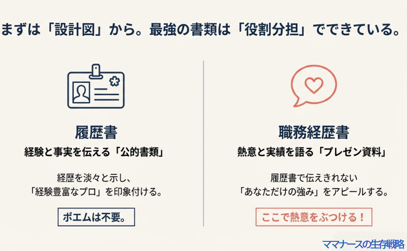 履歴書は「公的書類」として事実を、職務経歴書は「プレゼン資料」として熱意を伝えるという役割分担図