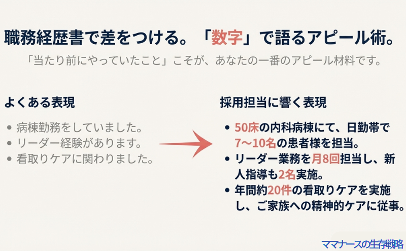 「病棟勤務」や「リーダー経験」という抽象的な表現を、病床数や担当患者数などの具体的な数字を用いて採用担当に響く表現に変換する比較図