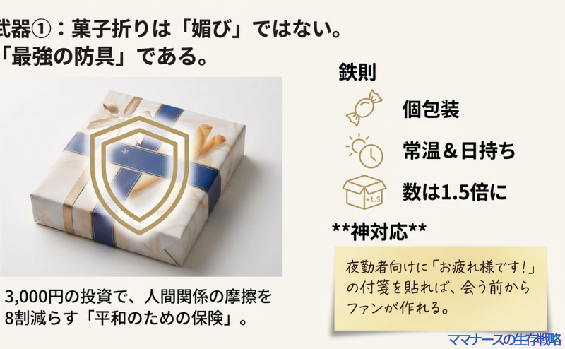 菓子折りの箱に盾のアイコンが重ねられた画像。「菓子折りは最強の防具」「3000円の投資で人間関係の摩擦を8割減らす」「神対応：夜勤者向けに付箋」というポイントが記載されている。
