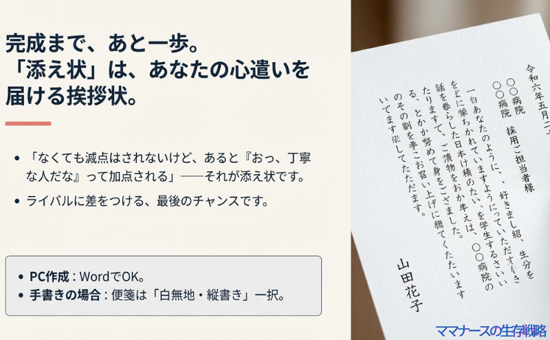 採用担当者に好印象を与える、縦書きの添え状（送付状）の正しい配置と構成例を示したスライド