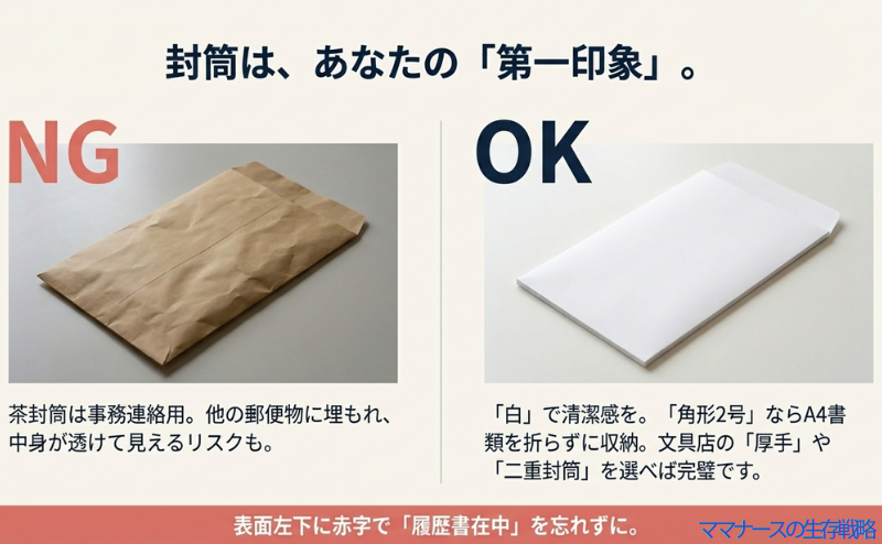 茶封筒はNG、白の角形2号封筒がOKであることを視覚的に比較し、履歴書在中スタンプの位置を示した封筒マナー画像