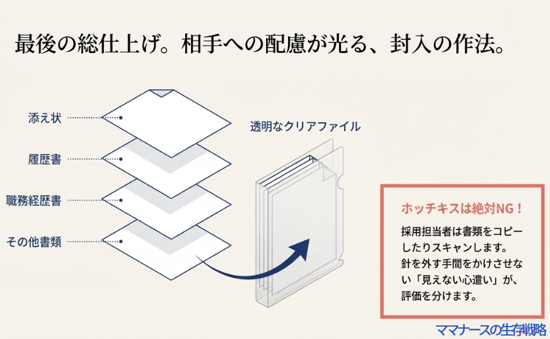 添え状、履歴書、職務経歴書の順に重ね、ホッチキスを使わずにクリアファイルに入れてから封筒に入れる手順を示した断面図解