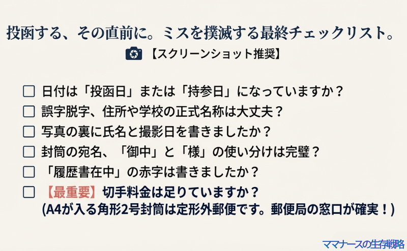 日付、誤字脱字、写真の裏書き、切手料金など、書類をポストに投函する前に確認すべき最重要項目をまとめたチェックリスト画像