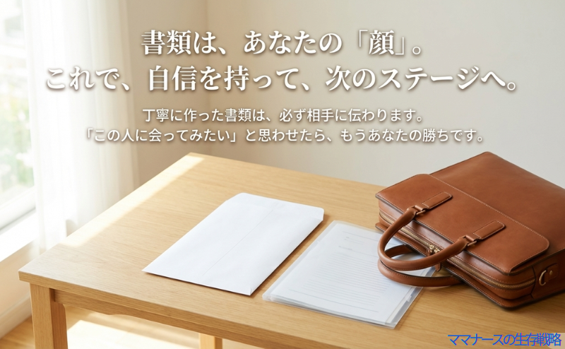 「丁寧に作った書類は必ず相手に伝わる」というメッセージと共に、自信を持って次のステップへ進むことを応援する締めくくりのスライド