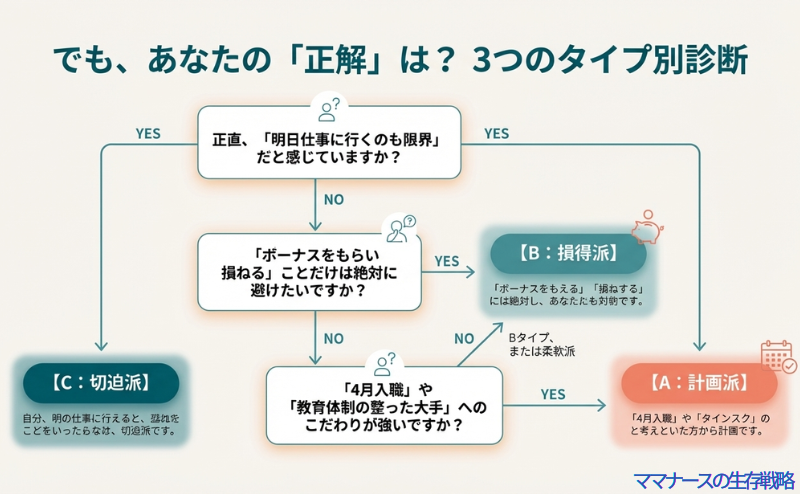 「明日仕事に行くのも限界か」「ボーナスを重視するか」などの質問から、計画派・損得派・切迫派を判定するフローチャート