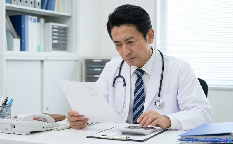 採用コストと応募書類を見比べながら真剣に検討している病院の採用担当者