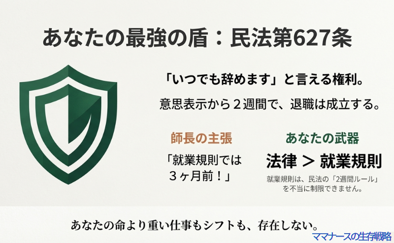 緑色の盾のイラスト。「民法第627条:2週間で退職は成立する」という法的根拠と、「法律 > 就業規則」であり、就業規則は民法を不当に制限できないことを示す図解スライド。