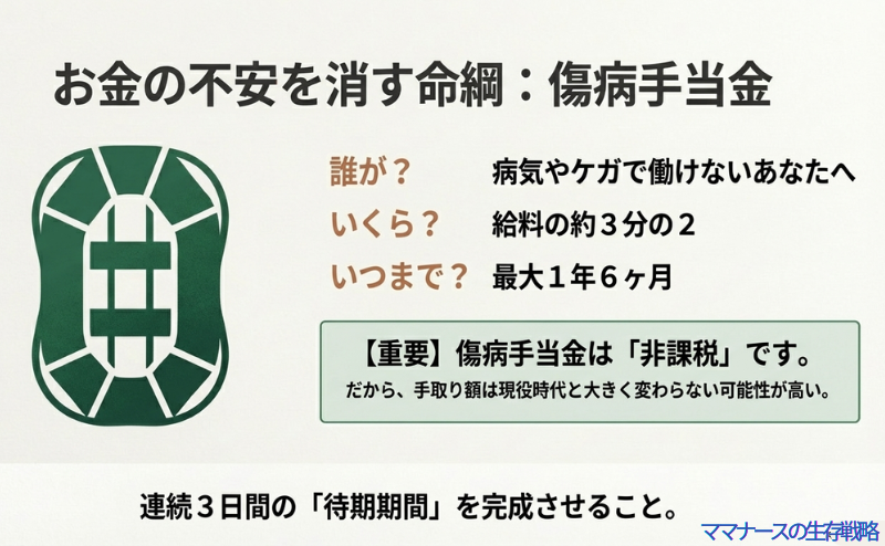 救命ボートのようなイラスト。傷病手当金が給料の約3分の2、最大1年6ヶ月支給され、非課税であるため手取り額が大きく変わらない可能性を説明するスライド。