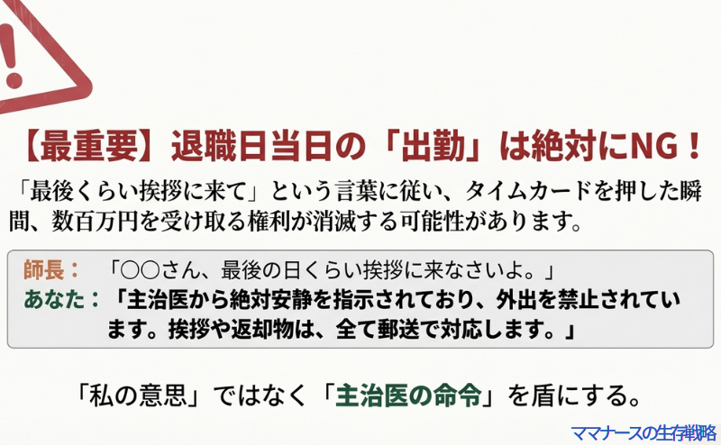「退職当日の出勤はNG」と大きく書かれた注意スライド。挨拶のためにタイムカードを押すと手当の権利が消えるリスクがあること、主治医の命令を盾に郵送対応を貫くべきであることを示す内容。