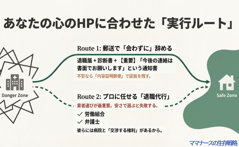 病院(Danger Zone)から脱出するルート図。ルート1は郵送で会わずに辞める方法、ルート2は弁護士や労働組合などのプロに任せる退職代行ルートが示されています。