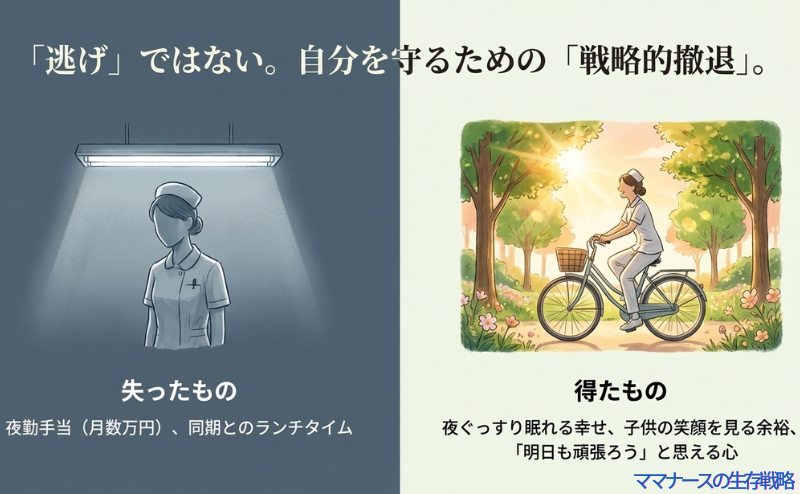 く看護師から、晴れやかな顔で自転車に乗る看護師への変化。失うものは数万円の手当だが、得るものは睡眠、子供の笑顔、明日への意欲であることを対比させた図案